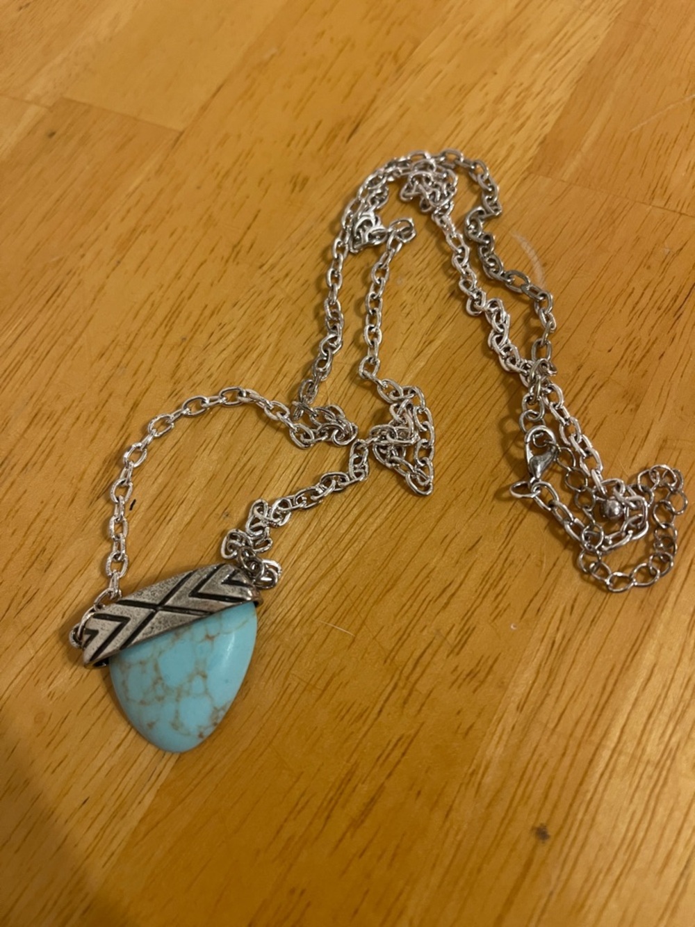 Turquoise Teardrop Pendant Necklace with Silver Accents & small hoop earrings - Picture 4 of 4